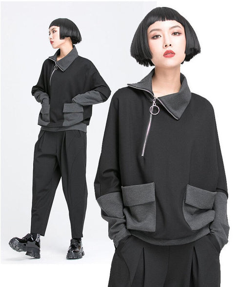 Contrast Panel Zip Collar Pullover